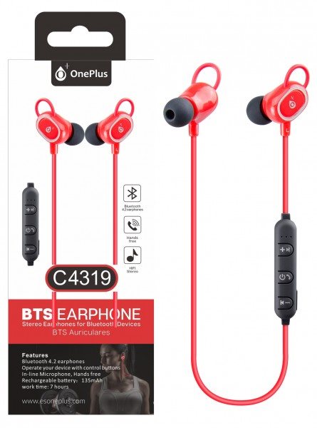 Aligator Bluetooth HF sluchátka do uší PLUS, s mikrofonem a tlačítkem C4319 sport, červená
