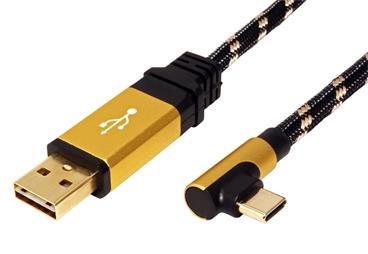 GOLD USB 2.0 kabel, oboustranný USB A(M) - USB C(M) lomený (90°), 3m