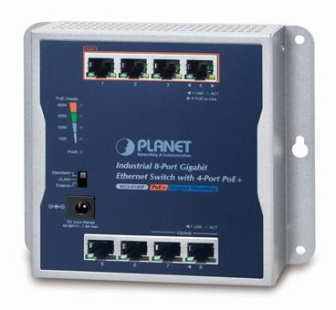 PLANET průmyslový/nástěnný PoE switch 8x 1Gb, 4x PoE 802.3at 30/60W, IP30, 48-56V, -20/+60st, fanless