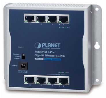 PLANET průmyslový nástěnný switch 8x 1Gb, IP30, 12VDC, -20/+60st, IP30, fanless