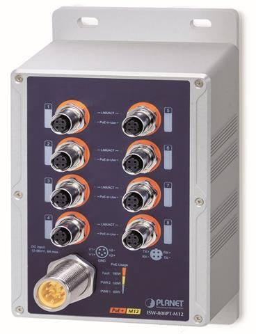 PLANET Průmyslový PoE switch 8x 100Mb, PoE 802.3at 36W/180W, IP67, -40~+75°C, 12-56VDC, M12 konektory